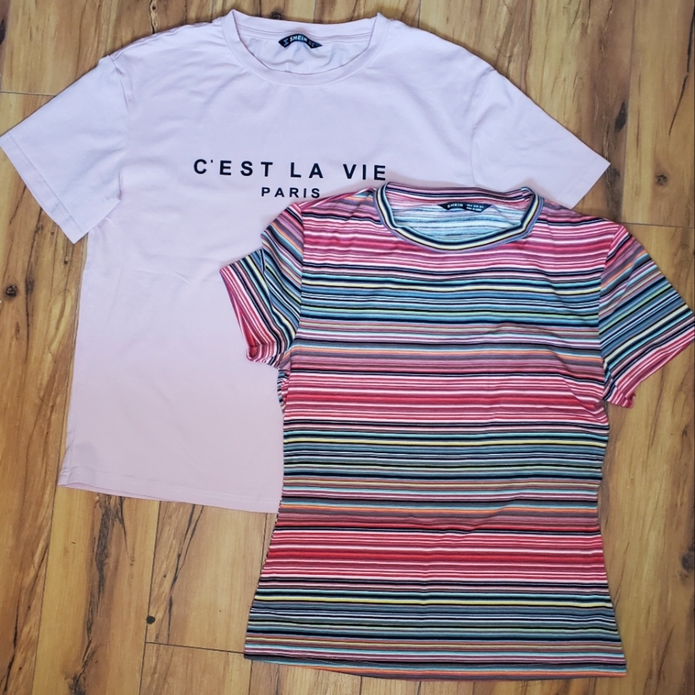 Shein women's t shirt (2) 1 pink 1 rainbow stripe